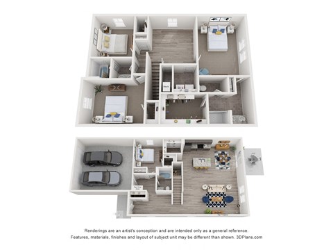 A 3D floor plan of a 4-bedroom home with a garage for two cars.